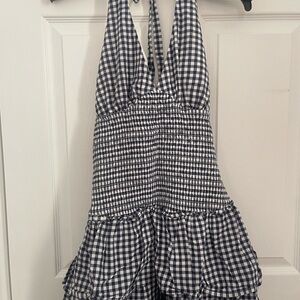 White and Black Gingham Halter Neck Bow Tie Dress with Ruffles